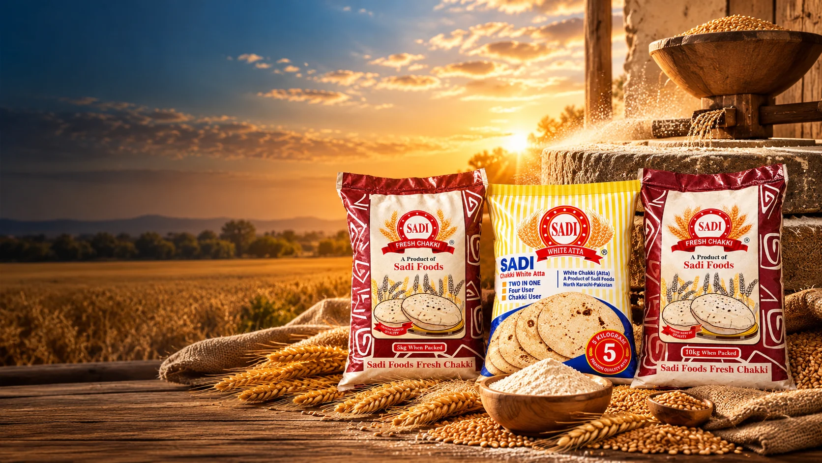 Sadi Foods Chakki Atta pack with wheat and roti